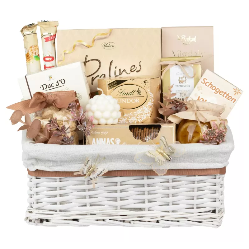 Zestaw Czekoladki i Praliny 1 – Kosz Delikatesowy ze Słodyczami, Herbatą i Świecą Sojową