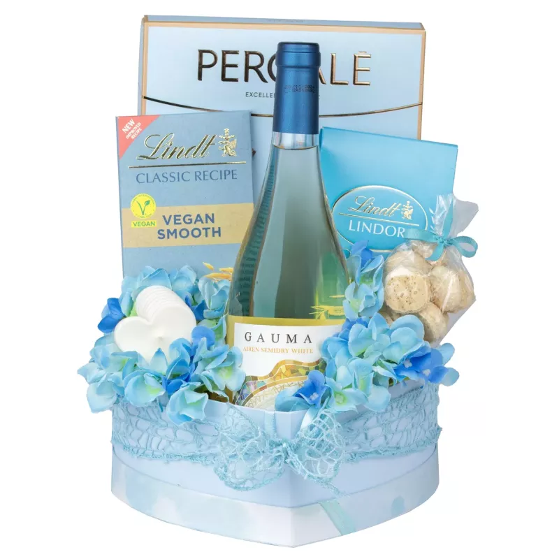 Zestaw Czekoladki i Wino 6 – Delikatny Prezent z Białym Winem Półwytrawnym i Słodyczami