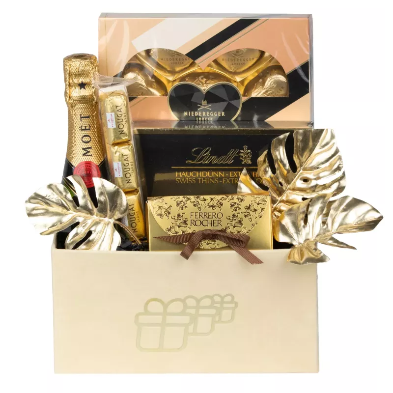 Zestaw Szampan Moet 12 – Ekskluzywny Prezent z Szampanem Moët i Pralinkami