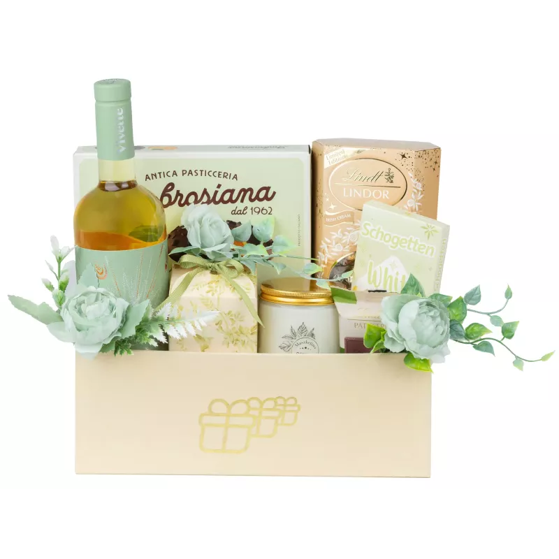 Zestaw 14 – Elegancki Prezent z Białym Winem, Pralinkami i Świecą Zestaw 14 – Elegancki Prezent z Białym Winem, Pralinkami i Świecą