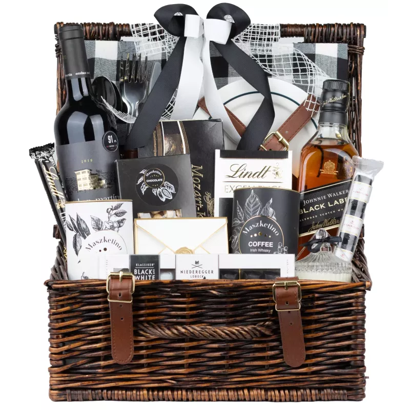 Zestaw Piknikowy Whisky i Wino 21 – Ekskluzywny Kosz Piknikowy z Whisky, Winem i Pralinami