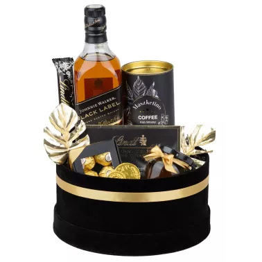 Zestaw Czekoladki Whisky Kawa 24 – Elegancki Prezent z Whisky Johnnie Walker i Zamszowym Pudełkiem