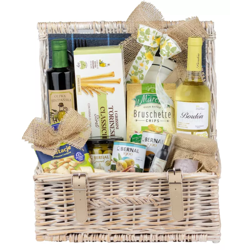 Zestaw Piknikowy Wino i Oliwa 25 – Kosz Piknikowy z Winem Rioja, Oliwkami i Śródziemnomorskimi Smakami