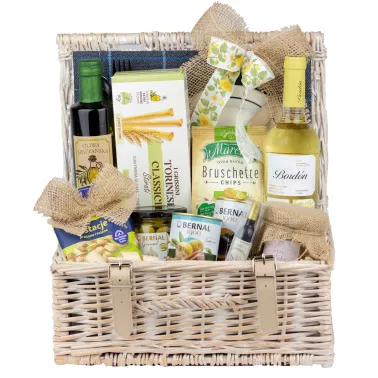 Zestaw Piknikowy Wino i Oliwa 25 – Kosz Piknikowy z Winem Rioja, Oliwkami i Śródziemnomorskimi Smakami
