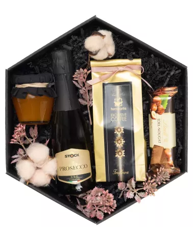Zestaw 28 – Subtelny Prezent z Prosecco, Kawą i Miodem w Eleganckim Opakowaniu
