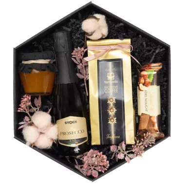 Zestaw 28 – Subtelny Prezent z Prosecco, Kawą i Miodem w Eleganckim Opakowaniu