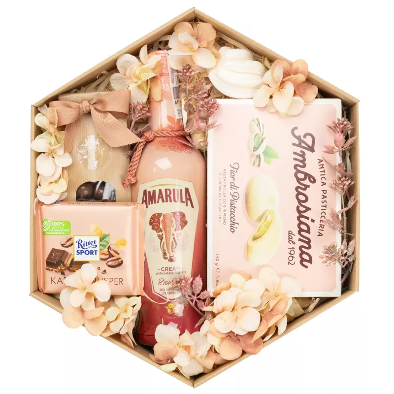 Zestaw Likier Amarula 29 – Słodki Prezent z Likierem Amarula Malina i Czekoladowymi Przysmakami