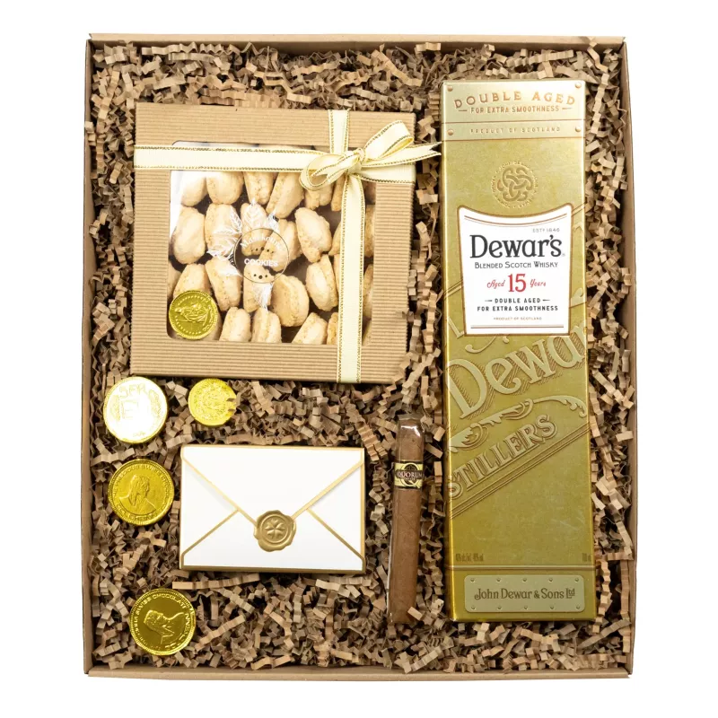 Zestaw Czekoladki i Whisky 46 – Ekskluzywny Prezent z Whisky Dewar’s 15YO, Cygaro i Pralinami