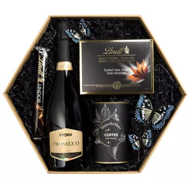 Zestaw Czekoladki i Prosecco 48 – Kobiecy Zestaw z Winem Musującym, Kawą i Motylim Akcentem