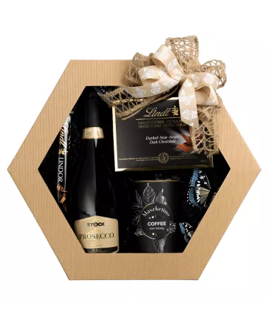 Zestaw Czekoladki i Prosecco 48 – Kobiecy Zestaw z Winem Musującym, Kawą i Motylim Akcentem