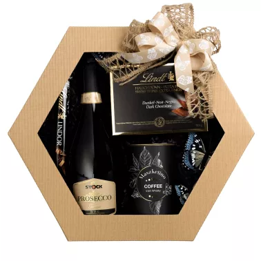 Zestaw Czekoladki i Prosecco 48 – Kobiecy Zestaw z Winem Musującym, Kawą i Motylim Akcentem