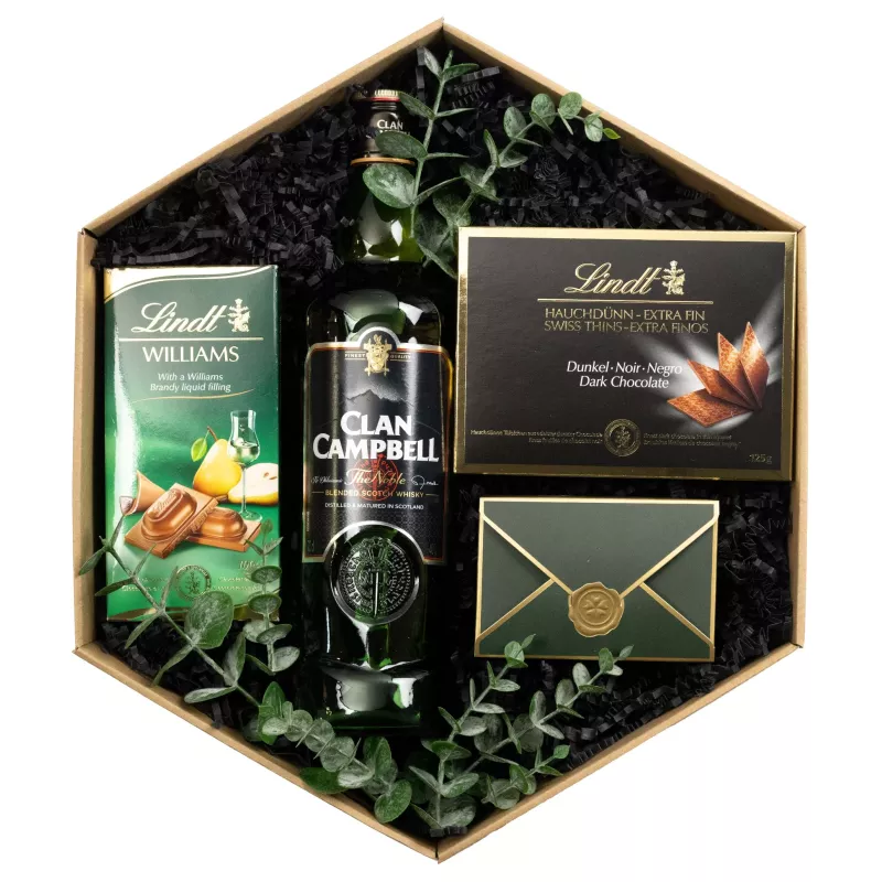 Zestaw Czekoladki i Whisky 55 – Prezent z Szkocką Whisky Clan Campbell i Czekoladkami Premium