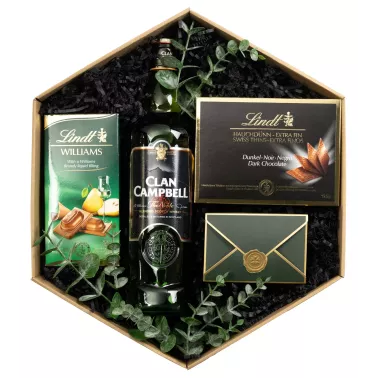 Zestaw Czekoladki i Whisky 55 – Prezent z Szkocką Whisky Clan Campbell i Czekoladkami Premium