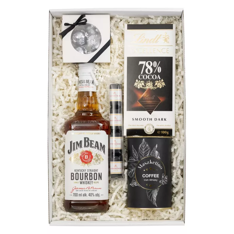 Zestaw Pralinki i Whisky 56 – Klasyczny Prezent z Whiskey Jim Beam, Kawą i Pralinami Lindt