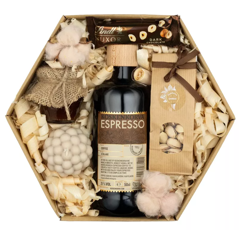 Zestaw Miód i Likier Espresso 70 – Prezent z Likierem Koskenkorva Espresso, Pralinami i Świecą