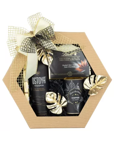 Zestaw Kawa Czekoladki i Wódka 71 – Elegancki Upominek z Ostoyą Czarną, Kawą i Słodyczami