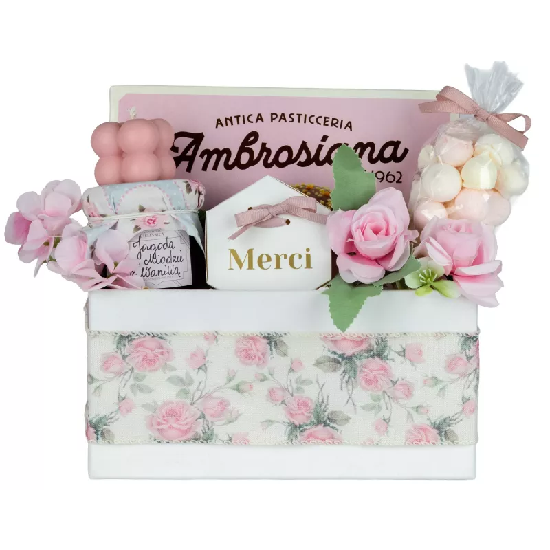 Zestaw Konfitura i Świeca 75 – Subtelny Prezent z Pralinami Raffaello, Ciasteczkami i Świecą