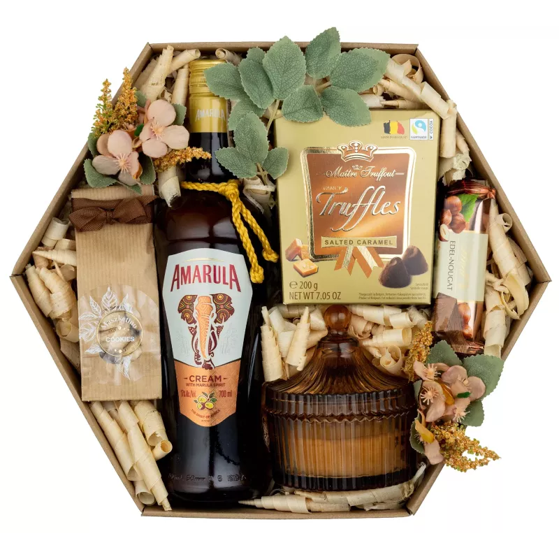 Zestaw Likier i Trufle 84 – Kremowy Prezent z Likierem Amarula, Truflami i Kryształową Świecą