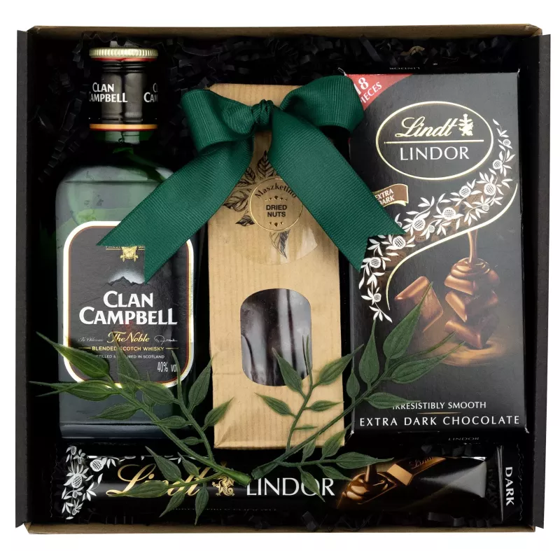 Zestaw Czekoladki i Whisky 90 – Elegancki Prezent z Whisky Clan Campbell i Czekoladą Lindt