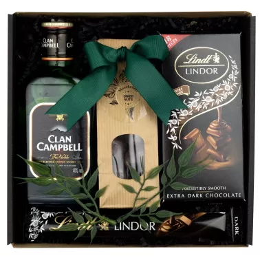 Zestaw Czekoladki i Whisky 90 – Elegancki Prezent z Whisky Clan Campbell i Czekoladą Lindt