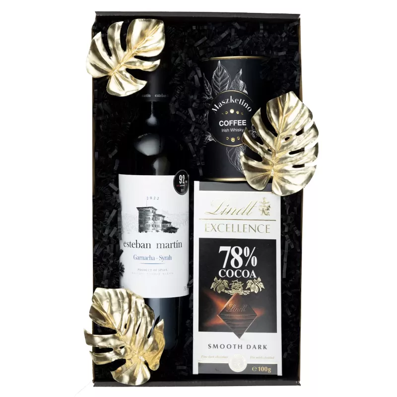 Zestaw Wino i Kawa 91 – Klasyczny Prezent z Winem Esteban Martin, Kawą i Czekoladą Lindt