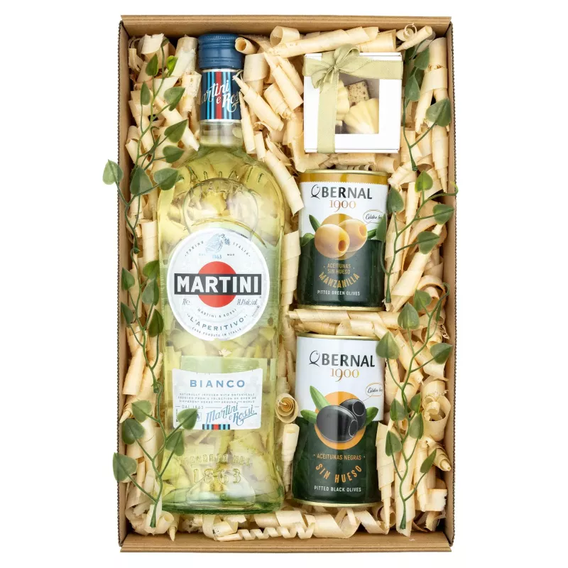 Zestaw Martini i Oliwki 92 – Prezent z Martini Bianco, Oliwkami i Pralinami w Ozdobnym Opakowaniu