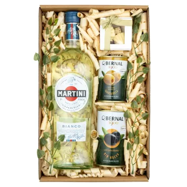 Zestaw Martini i Oliwki 92 – Prezent z Martini Bianco, Oliwkami i Pralinami w Ozdobnym Opakowaniu