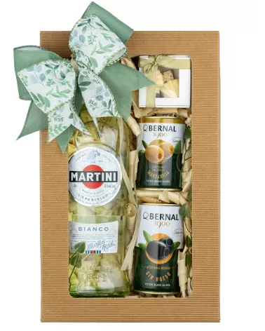 Zestaw Martini i Oliwki 92 – Prezent z Martini Bianco, Oliwkami i Pralinami w Ozdobnym Opakowaniu