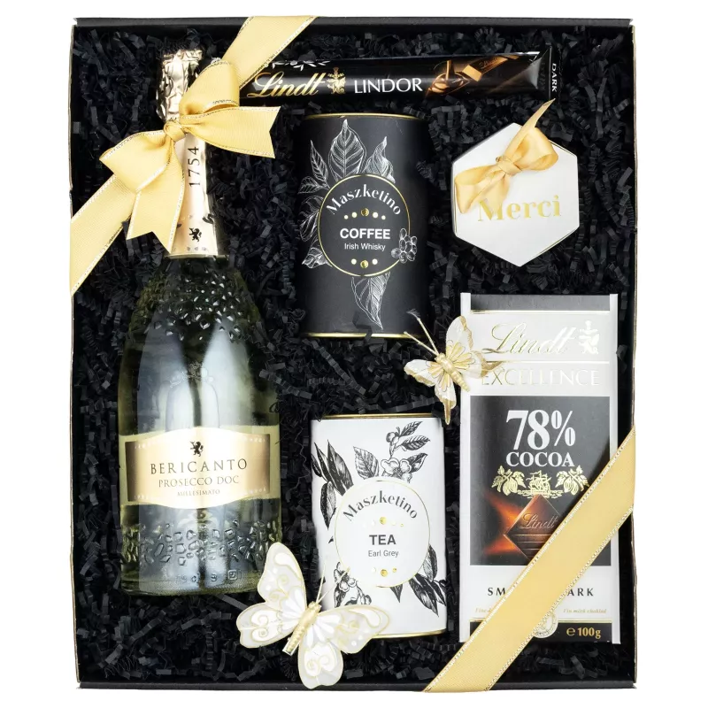 Zestaw Kawa Herbata i Prosecco 93 – Prezent z Prosecco, Kawą, Herbatą i Słodyczami Lindt