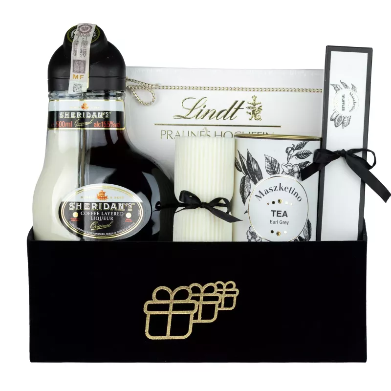 Zestaw Praliny Herbata i Likier 97 – Prezent z Likierem Sheridans, Herbatą i Słodkościami Lindt