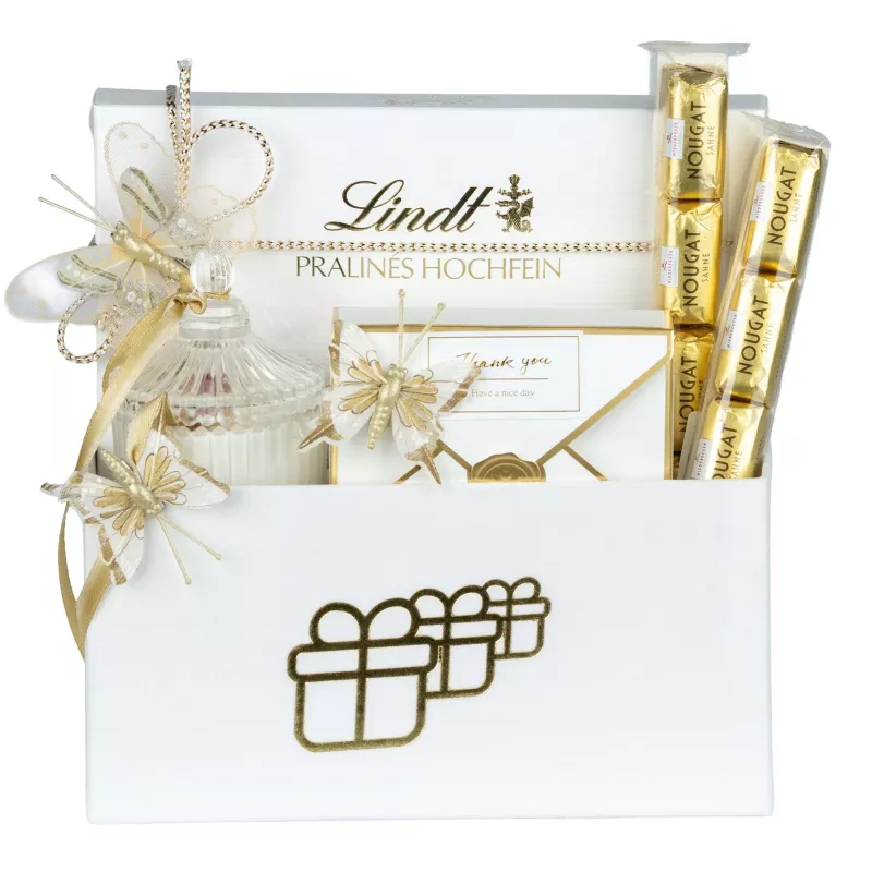 Zestaw Praliny i Kryształowa Świeca 98 – Delikatny Prezent z Pralinami Lindt, Marcepanem i Kryształową Świecą