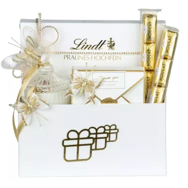 Zestaw Praliny i Kryształowa Świeca 98 – Delikatny Prezent z Pralinami Lindt, Marcepanem i Kryształową Świecą