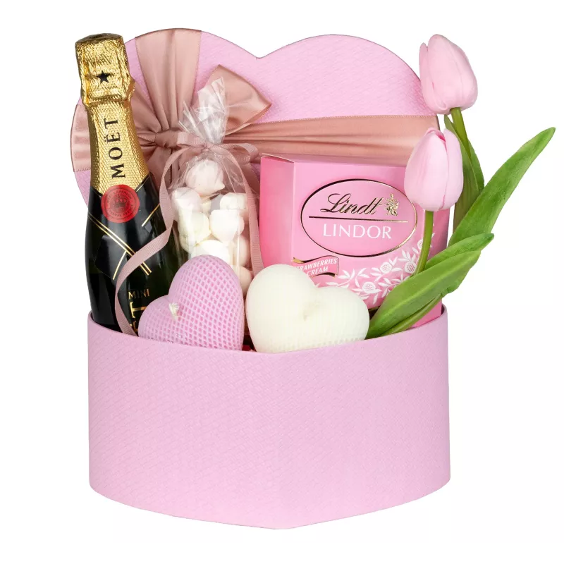 Zestaw Praliny i Szampan Moet 99 – Romantyczny Prezent z Szampanem Moët, Pralinami i Świecami w Kształcie Serca