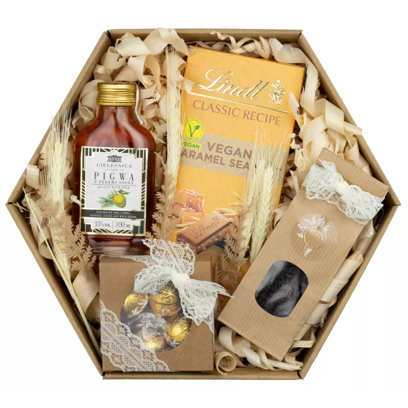 Zestaw Czekoladki i Likier 100 – Elegancki Upominek z Likierem Pigwowym, Herbatą i Pralinami Lindt