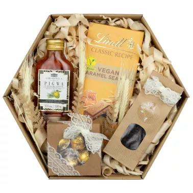 Zestaw Czekoladki i Likier 100 – Elegancki Upominek z Likierem Pigwowym, Herbatą i Pralinami Lindt