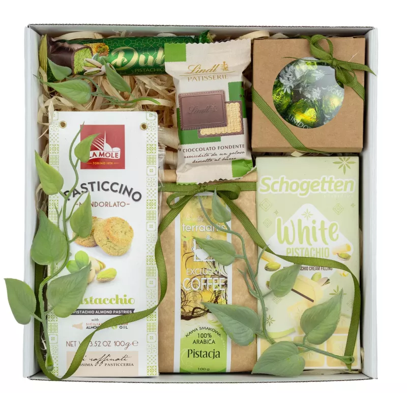 Zestaw Słodycze Pistacjowe i Kawa 101 – Upominek ze Słodyczami, Kawą Terraartis i Pralinami Lindt