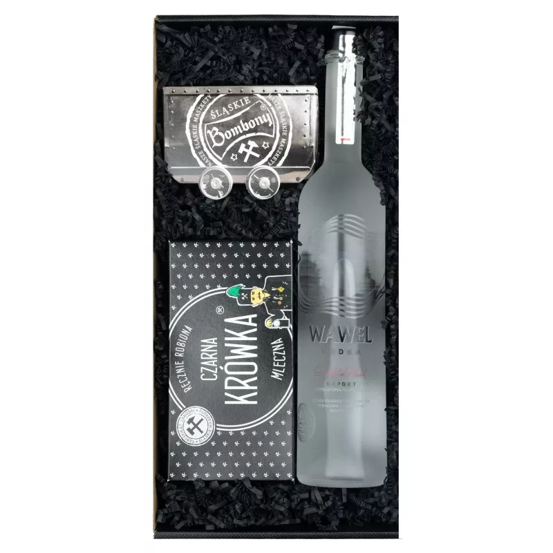 Zestaw Wódka i Cukierki Śląskie 105 – Klasyczny Prezent z Wódką Wawel, Czarną Krówką i Śląskimi Bombonami