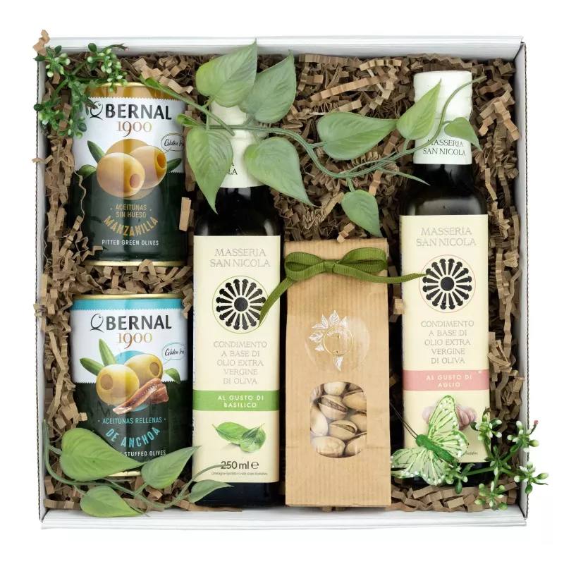 Zestaw Oliwa i Oliwki 108 – Śródziemnomorski Prezent z Oliwą Bazylia i Czosnek, Oliwkami i Pistacjami