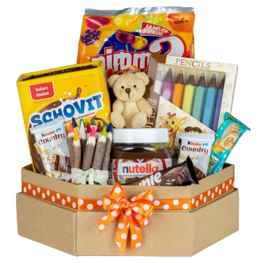 Zestaw Słodycze i Kredki 122 – Słodki Prezent z Kakao, Nutellą i Pluszowym Misiem Idealny dla Dzieci