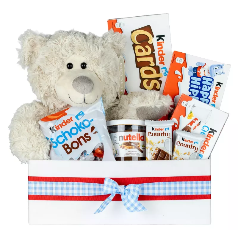 Zestaw Słodyczy Kinder i Miś 124 – Prezent dla Dziecka z Słodyczami Kinder i Pluszowym Misiem