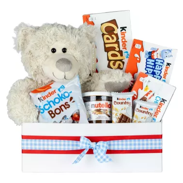 Zestaw Słodyczy Kinder i Miś 124 – Prezent dla Dziecka z Słodyczami Kinder i Pluszowym Misiem