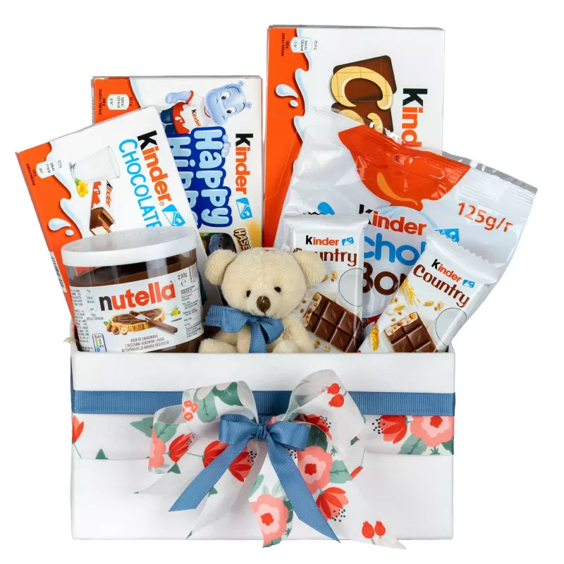 Zestaw Słodkości i Miś 127 – Prezent dla Dziecka z Słodyczami Kinder, Nutellą i Pluszowym Misiem