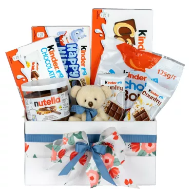 Zestaw Słodkości i Miś 127 – Prezent dla Dziecka z Słodyczami Kinder, Nutellą i Pluszowym Misiem