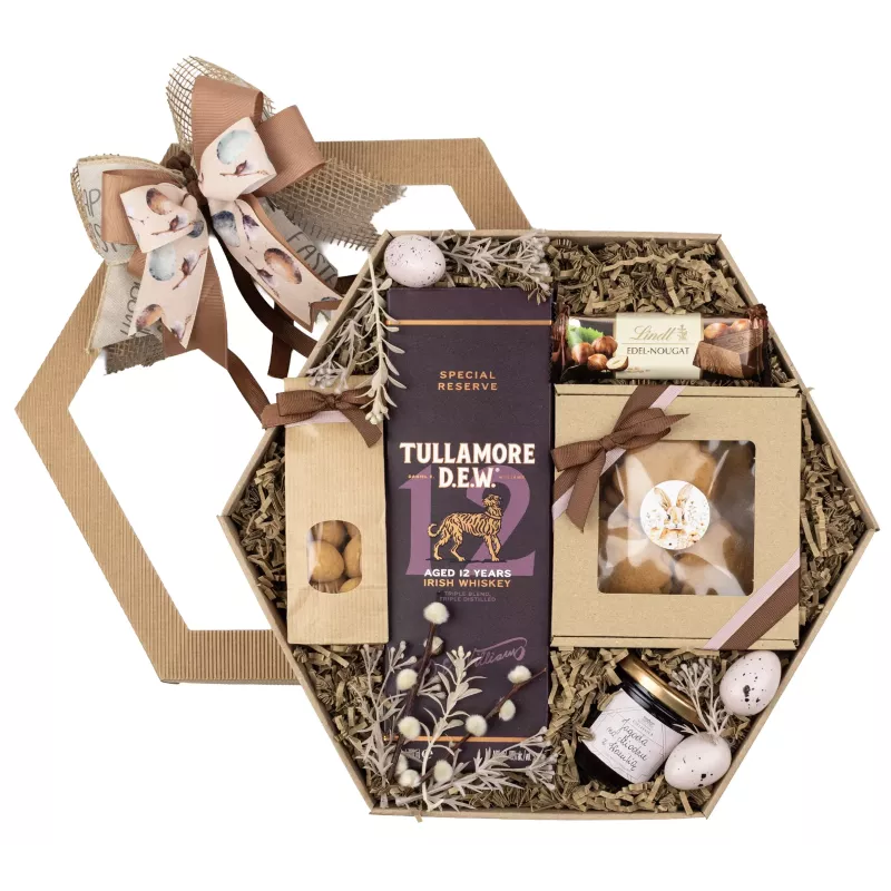 Zestaw Wielkanocny Whisky i Słodycze 187 - Elegancki Kosz Prezentowy na Wielkanoc dla bliskich i firm